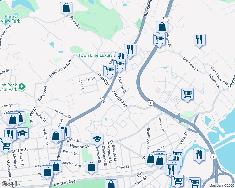 map of restaurants, bars, coffee shops, grocery stores, and more near 32 Central Avenue in Malden