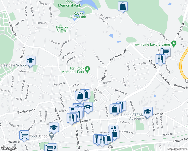 map of restaurants, bars, coffee shops, grocery stores, and more near 55 Rockingham Avenue in Malden
