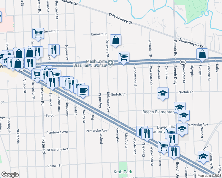 map of restaurants, bars, coffee shops, grocery stores, and more near 20432 Delaware Avenue in Redford Charter Township