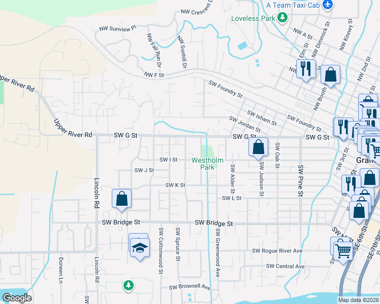 map of restaurants, bars, coffee shops, grocery stores, and more near 222 Southwest Westholm Avenue in Grants Pass