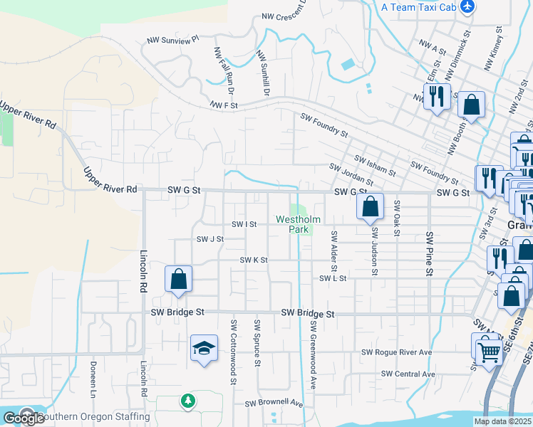 map of restaurants, bars, coffee shops, grocery stores, and more near 222 Southwest Westholm Avenue in Grants Pass