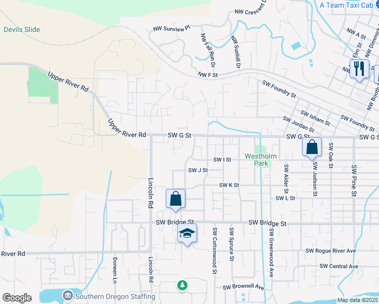 map of restaurants, bars, coffee shops, grocery stores, and more near 373 Southwest Bayou Place in Grants Pass