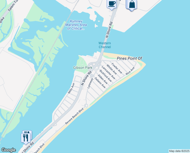 map of restaurants, bars, coffee shops, grocery stores, and more near 129 Lynnway in Revere