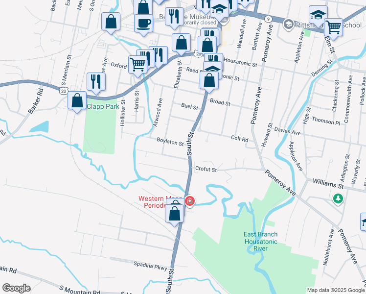 map of restaurants, bars, coffee shops, grocery stores, and more near 322 South Street in Pittsfield