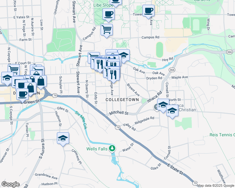 map of restaurants, bars, coffee shops, grocery stores, and more near 201 College Avenue in Ithaca