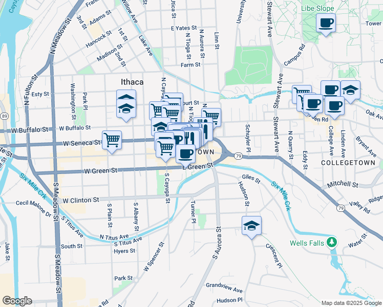 map of restaurants, bars, coffee shops, grocery stores, and more near in Ithaca