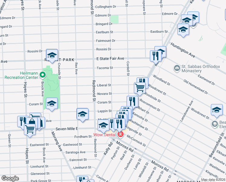 map of restaurants, bars, coffee shops, grocery stores, and more near 16219 Novara Street in Detroit