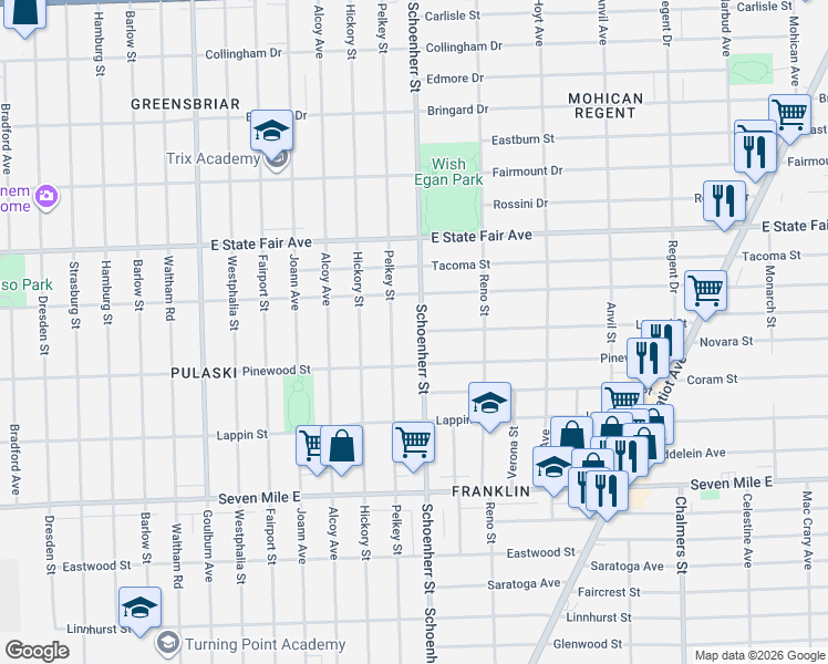 map of restaurants, bars, coffee shops, grocery stores, and more near 19558 Pelkey Street in Detroit