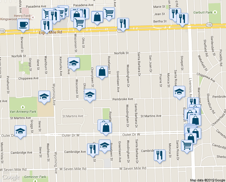 map of restaurants, bars, coffee shops, grocery stores, and more near 19951 Greenlawn Street in Detroit