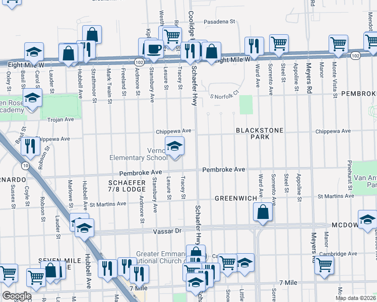 map of restaurants, bars, coffee shops, grocery stores, and more near 19981 Schaefer Highway in Detroit