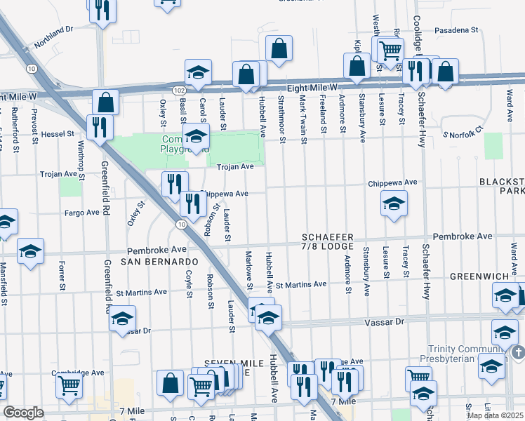 map of restaurants, bars, coffee shops, grocery stores, and more near 20006 Hubbell Avenue in Detroit