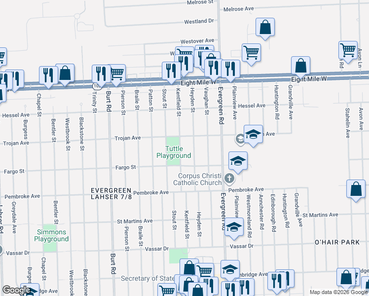 map of restaurants, bars, coffee shops, grocery stores, and more near 20078 Kentfield Street in Detroit