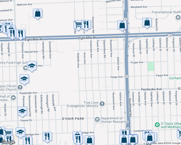map of restaurants, bars, coffee shops, grocery stores, and more near 20043 Greenview Ave in Detroit