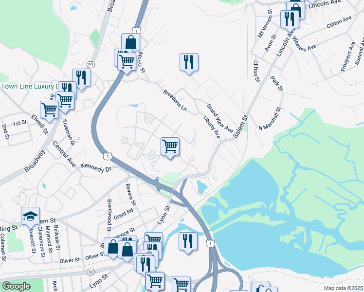 map of restaurants, bars, coffee shops, grocery stores, and more near 15 Parkside Place in Revere
