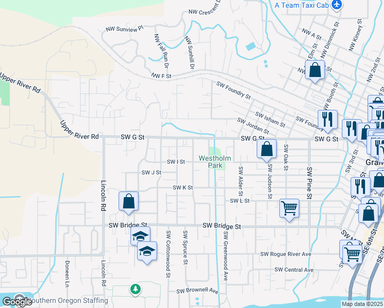 map of restaurants, bars, coffee shops, grocery stores, and more near 222 Southwest Westholm Avenue in Grants Pass
