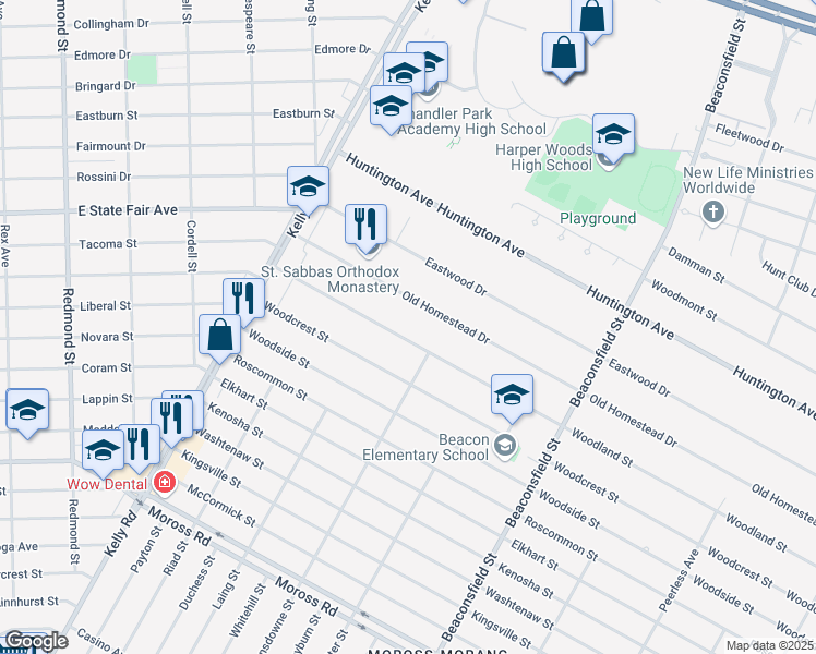 map of restaurants, bars, coffee shops, grocery stores, and more near 18961 Woodland Street in Harper Woods