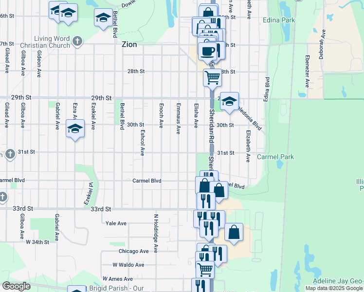 map of restaurants, bars, coffee shops, grocery stores, and more near 3019 Emmaus Avenue in Zion