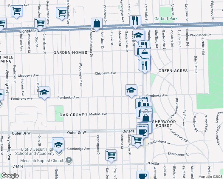 map of restaurants, bars, coffee shops, grocery stores, and more near 19947 Prairie Street in Detroit