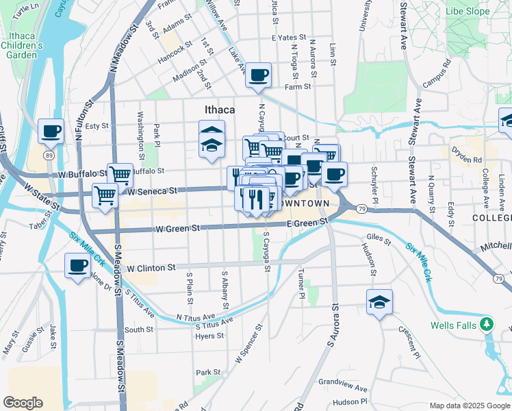map of restaurants, bars, coffee shops, grocery stores, and more near 109 West State Street in Ithaca