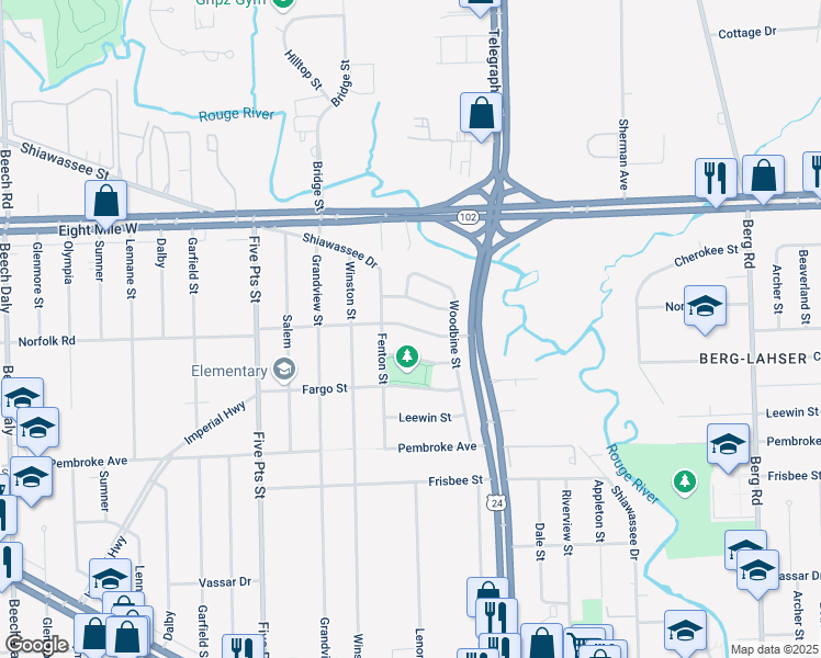 map of restaurants, bars, coffee shops, grocery stores, and more near 24287 Norfolk Road in Detroit