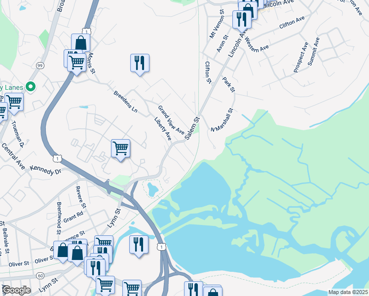 map of restaurants, bars, coffee shops, grocery stores, and more near 13 Fenwick Street in Revere