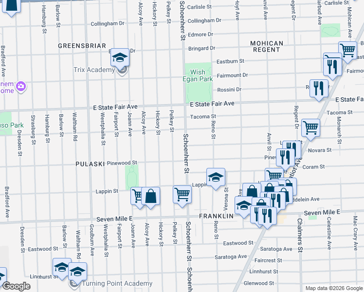 map of restaurants, bars, coffee shops, grocery stores, and more near 19558 Pelkey Street in Detroit
