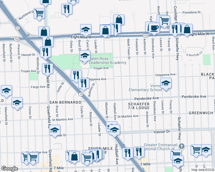 map of restaurants, bars, coffee shops, grocery stores, and more near 20002 Marlowe Street in Detroit