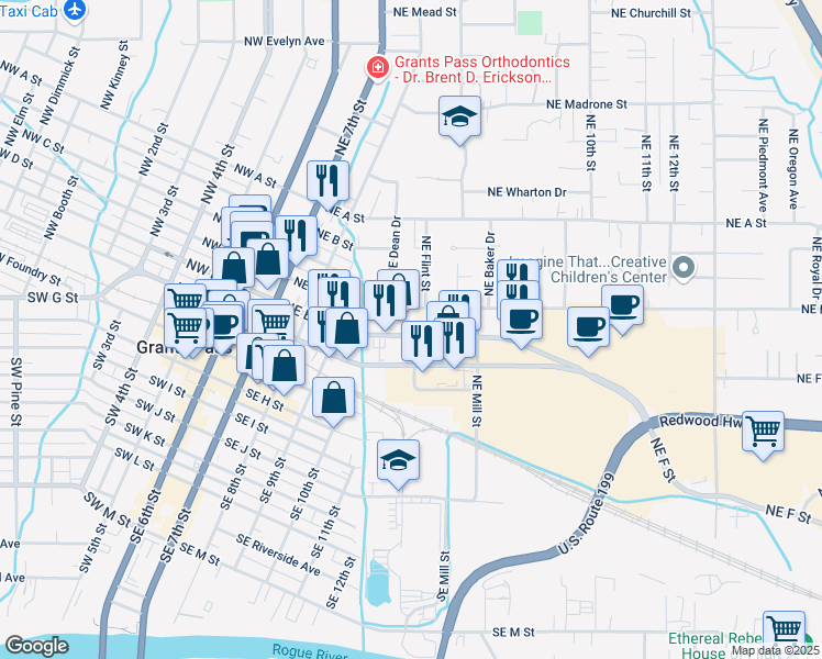 map of restaurants, bars, coffee shops, grocery stores, and more near 544 Redwood Highway Spur in Grants Pass