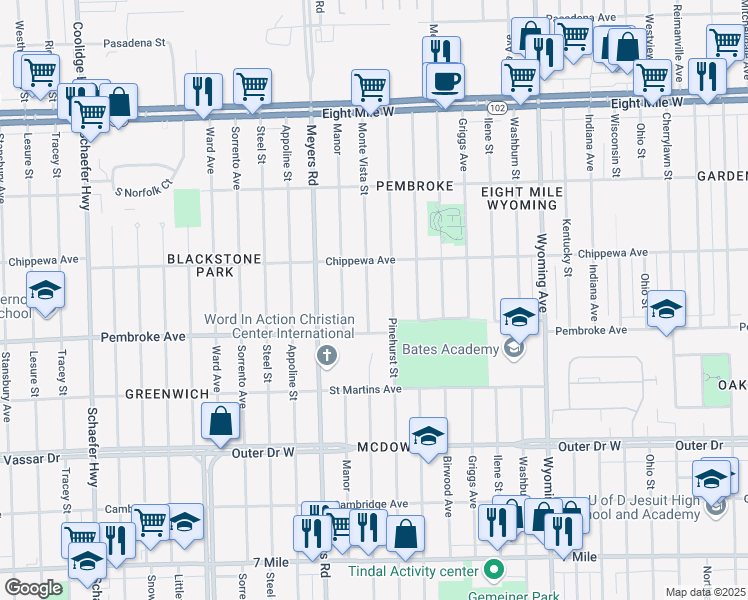 map of restaurants, bars, coffee shops, grocery stores, and more near 19966 Monte Vista Street in Detroit