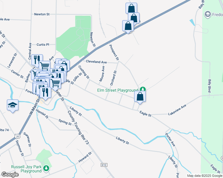 map of restaurants, bars, coffee shops, grocery stores, and more near 33 Orchard Street in Fredonia