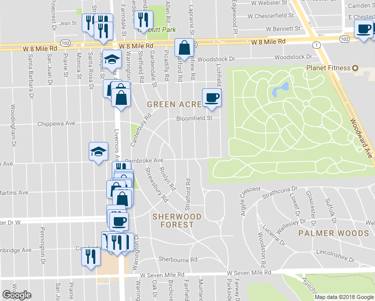 map of restaurants, bars, coffee shops, grocery stores, and more near 19930 Stratford Road in Detroit