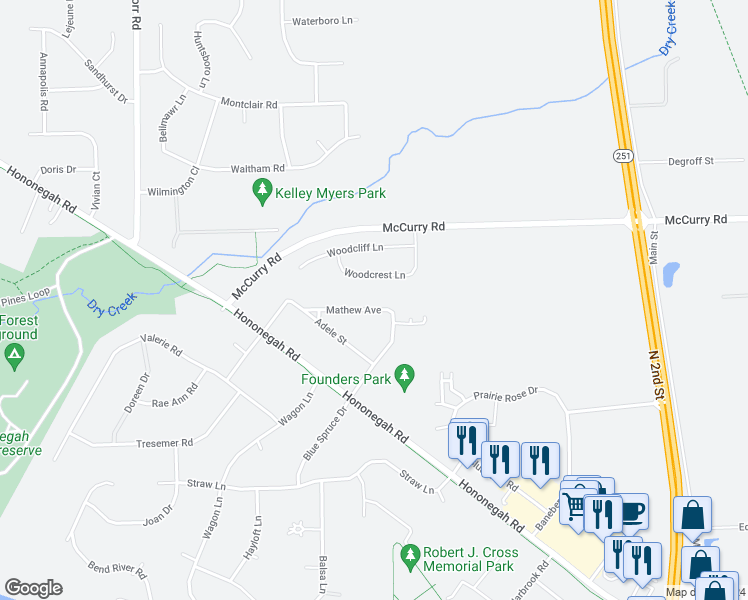 map of restaurants, bars, coffee shops, grocery stores, and more near 4536 Mathew Avenue in Roscoe