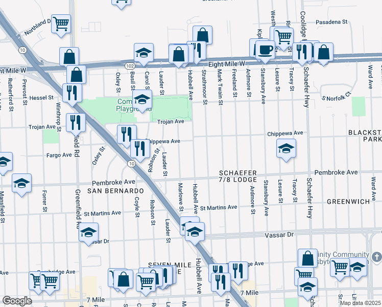 map of restaurants, bars, coffee shops, grocery stores, and more near 20006 Hubbell Avenue in Detroit