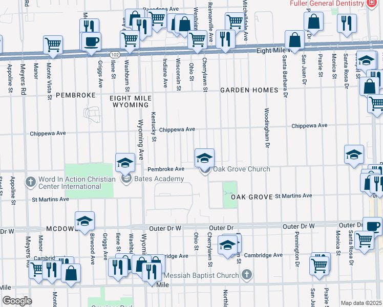 map of restaurants, bars, coffee shops, grocery stores, and more near 19961 Ohio Street in Detroit