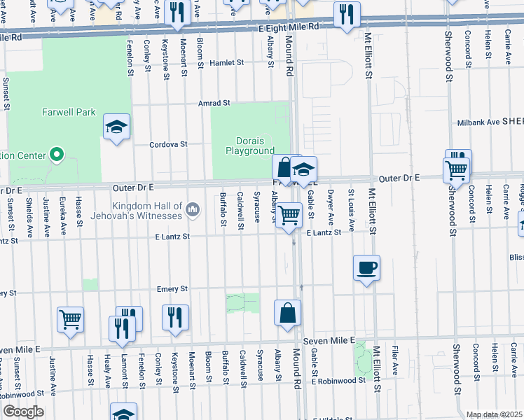 map of restaurants, bars, coffee shops, grocery stores, and more near 19676 Syracuse Street in Detroit