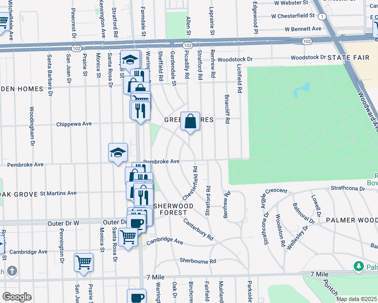 map of restaurants, bars, coffee shops, grocery stores, and more near 3737 Chippewa Street in Detroit