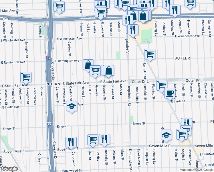 map of restaurants, bars, coffee shops, grocery stores, and more near 19732 Riopelle Street in Detroit