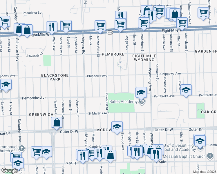 map of restaurants, bars, coffee shops, grocery stores, and more near 19966 Pinehurst Street in Detroit