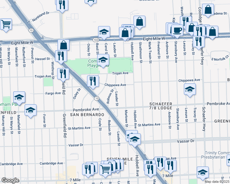 map of restaurants, bars, coffee shops, grocery stores, and more near 20011 Lauder Street in Detroit