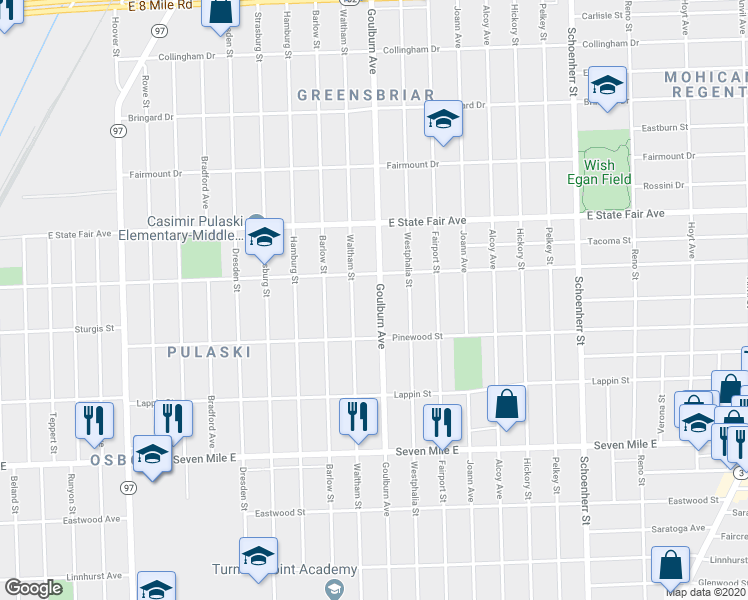 map of restaurants, bars, coffee shops, grocery stores, and more near 19581 Goulburn Avenue in Detroit