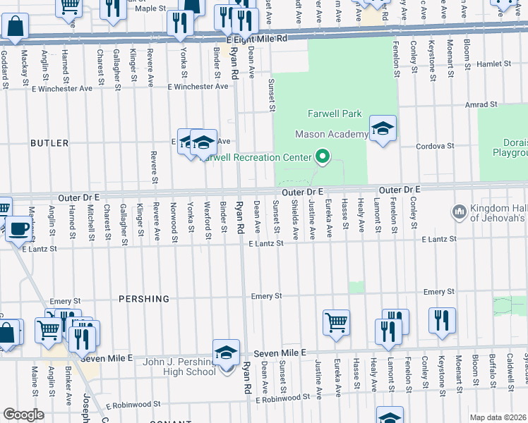 map of restaurants, bars, coffee shops, grocery stores, and more near 19698 Dean Avenue in Detroit