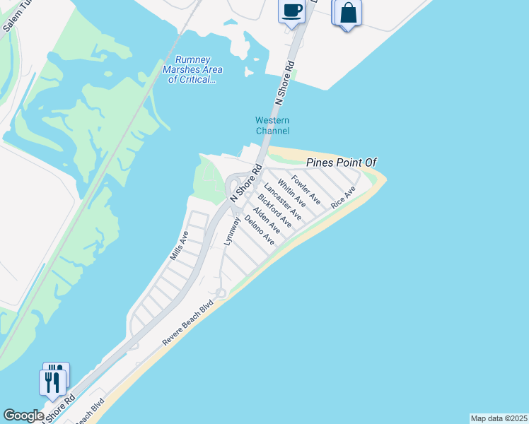 map of restaurants, bars, coffee shops, grocery stores, and more near 30 Alden Avenue in Revere