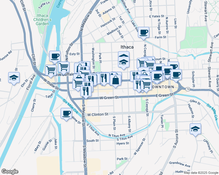 map of restaurants, bars, coffee shops, grocery stores, and more near 408 West State Street in Ithaca