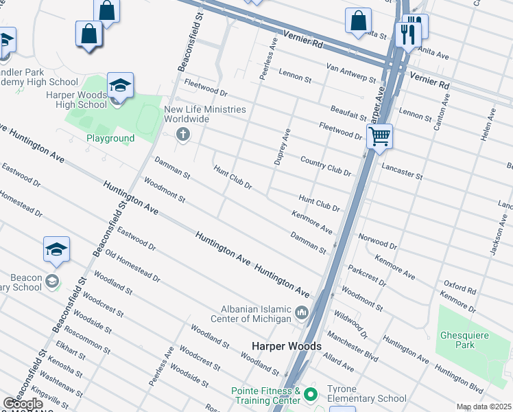 map of restaurants, bars, coffee shops, grocery stores, and more near 20311 Damman Street in Harper Woods