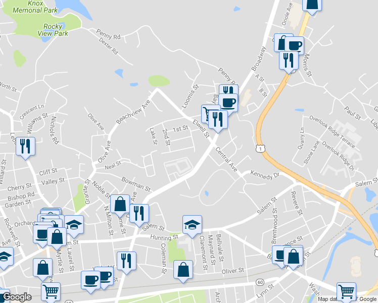 map of restaurants, bars, coffee shops, grocery stores, and more near 12 Tea Party Way in Malden