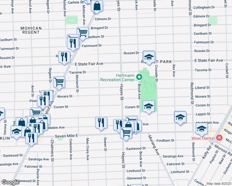 map of restaurants, bars, coffee shops, grocery stores, and more near 15017 Novara Street in Detroit