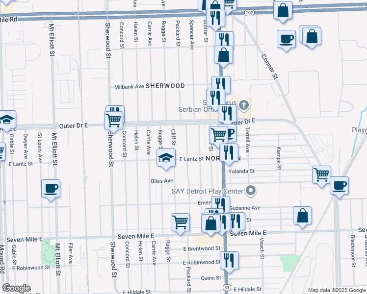 map of restaurants, bars, coffee shops, grocery stores, and more near 19651 Packard Street in Detroit