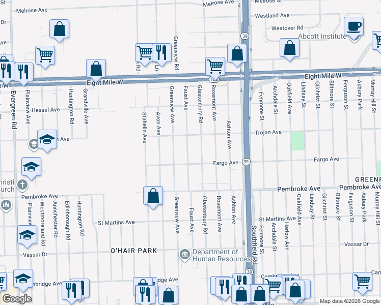 map of restaurants, bars, coffee shops, grocery stores, and more near 20044 Faust Avenue in Detroit