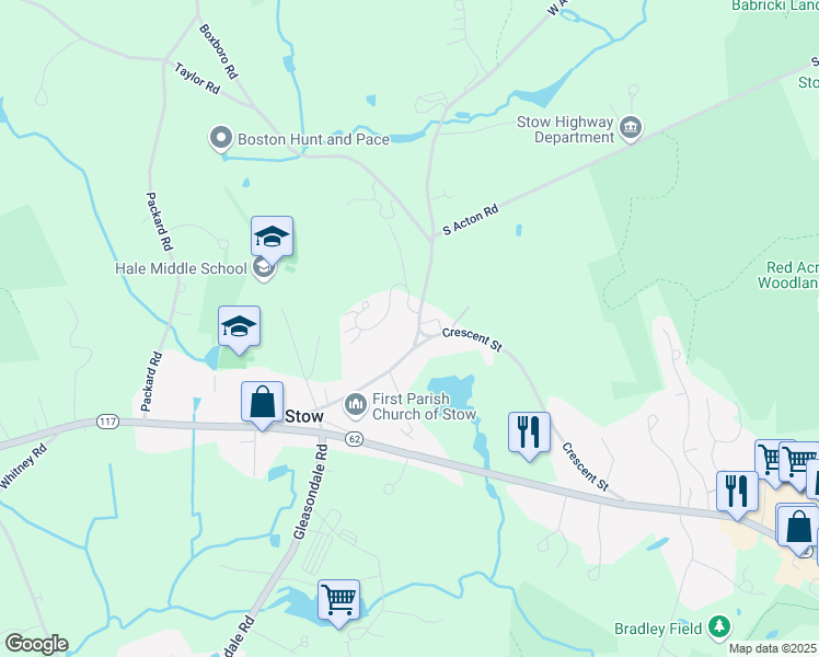 map of restaurants, bars, coffee shops, grocery stores, and more near 8 West Acton Road in Stow