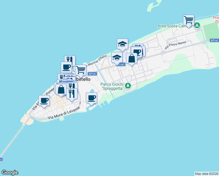map of restaurants, bars, coffee shops, grocery stores, and more near 23 Via Caravaggio in Orbetello